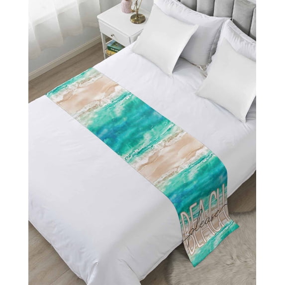 Bed Runner Scarf Twin Size, Summer Turquoise Beach Stain Bed Runners & Scarves for Foot of Beds, Sand Coastal Waves Gradient Decorative Bedding Runner Scarf for Hotel Home Bedroom