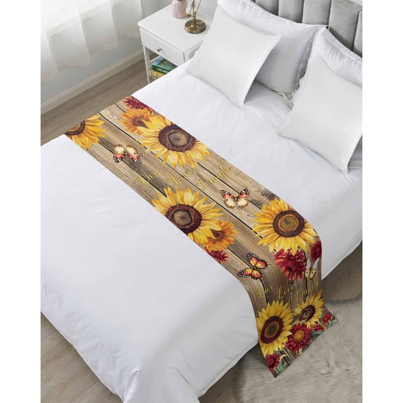 Bed Runner Scarf Twin Size, Sunflower Brown Wooden Stain Bed Runners & Scarves for Foot of Beds, Vintage Flowers Butterfly Decorative Bedding Runner Scarf for Hotel Home Bedroom