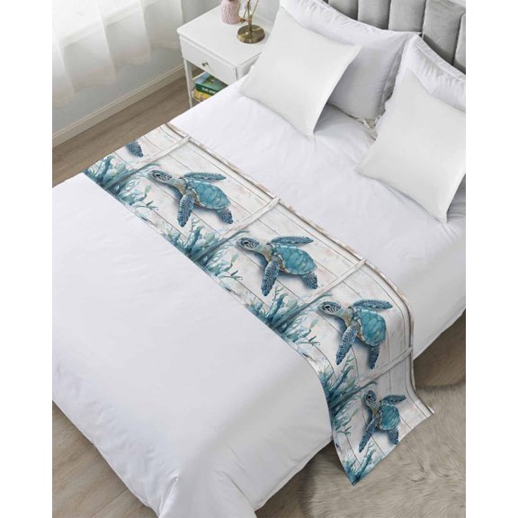 Bed Runner Scarf Twin Size, Teal Green Sea Turtle Stain Bed Runners & Scarves for Foot of Beds, Summer Ocean Seaweed Wood Grain Decorative Bedding Runner Scarf for Hotel Home Bedroom