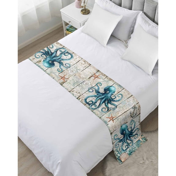 Bed Runner Scarf Twin Size, Teal Octopus Coastal Stain Bed Runners & Scarves for Foot of Beds, Summer Beach Nautical Starfish Retro Decorative Bedding Runner Scarf for Hotel Home Bedroom