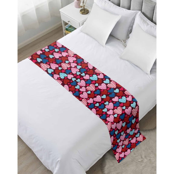 Bed Runner Scarf Twin Size, Valentines Day Stain Bed Runners & Scarves for Foot of Beds, Pink Blue Red Dots Striped Love Heart Decorative Bedding Runner Scarf for Hotel Home Bedroom