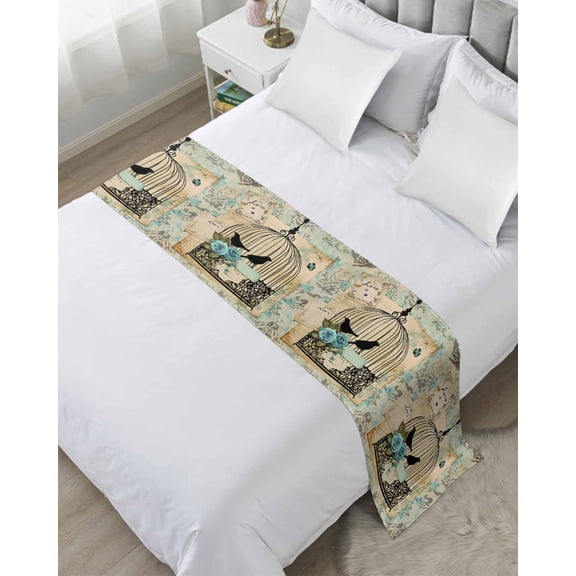 Bed Runner Scarf Twin Size, Vintage Bird Cage Stain Bed Runners & Scarves for Foot of Beds, Retro Floral Pattern Decorative Bedding Runner Scarf for Hotel Home Bedroom