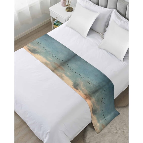 Bed Runner Scarf Twin Size, Vintage Bird Silhouette Stain Bed Runners & Scarves for Foot of Beds, Sunset GlowLandscape Decorative Bedding Runner Scarf for Hotel Home Bedroom