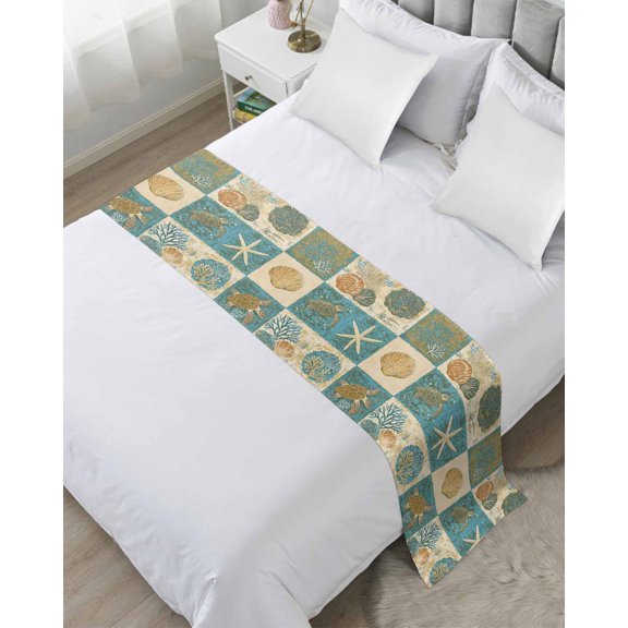 Bed Runner Scarf Twin Size, Vintage Coastal Stain Bed Runners & Scarves for Foot of Beds, Summer Beach Sea Turtle Shell Starfish Decorative Bedding Runner Scarf for Hotel Home Bedroom