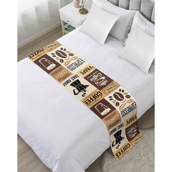 Bed Runner Scarf Twin Size, Vintage Coffee Stain Bed Runners & Scarves for Foot of Beds, Farmhouse Retro Art Coffee Beans Decorative Bedding Runner Scarf for Hotel Home Bedroom