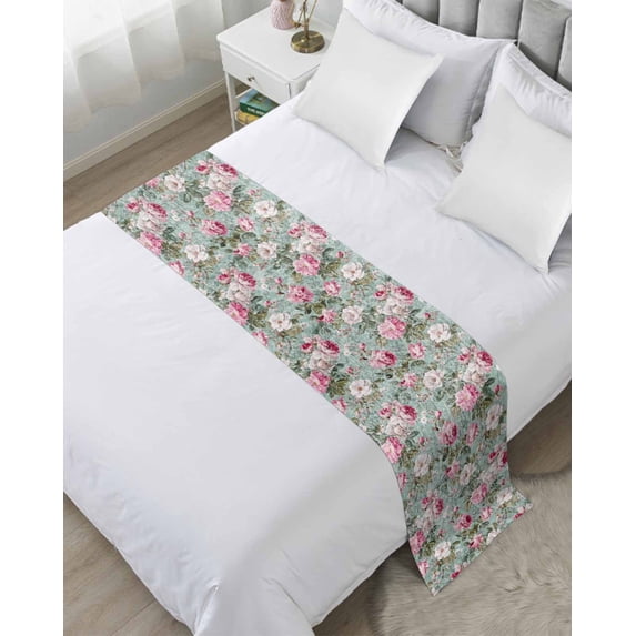 Bed Runner Scarf Twin Size, Vintage Spring Floral Stain Bed Runners & Scarves for Foot of Beds, Botanical Summer Pink Green Decorative Bedding Runner Scarf for Hotel Home Bedroom 71 x20 Inch