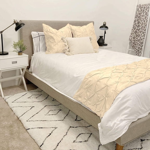 Bed Runner Set 100% Cotton 800 Thread Count 3 Piece Pinch Pleated Bed Runner Set, Decorative Bed Scarf, 3 Pinch Pleated Bed Runner Set and 2 Pillow Shams (King Size, Ivory)