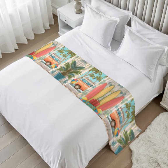 Bed Runner Tropical Palm Leaves Bedding Scarves Soft Decorative Bed Flag Camper Van Surfboard Balls Bed Runners for King Size Bed Hotel Bedroom Decor Bed Throws for Foot of Bed Scarf 20x94 Inch