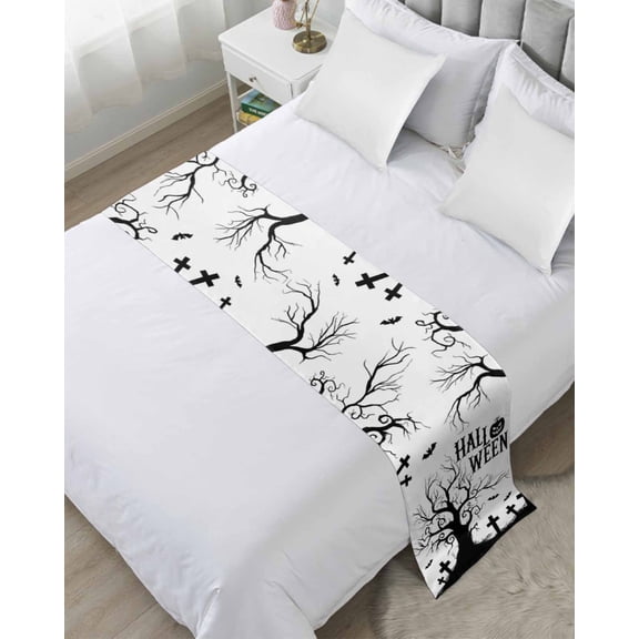 Bed Runner for Twin Size, Black Halloween Decorative Scarf Throws for Foot of Bed, Spiderwebs Pumpkin Bat Tree Luxury Bedding Protector Slipcover Bedrunners for Hotel/Home, 71 x 20 Inch