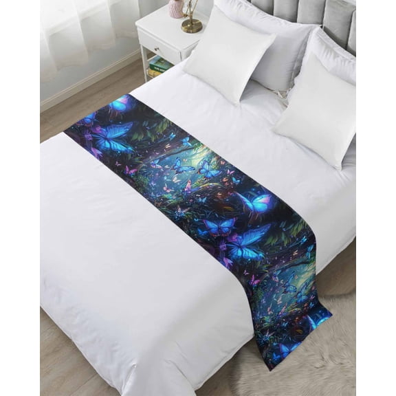 Bed Runner for Twin Size, Blue Butterfly Decorative Scarf Throws for Foot of Bed, Modern Art Forest Butterflies Luxury Bedding Protector Slipcover Bedrunners for Hotel/Home, 71 x 20 Inch