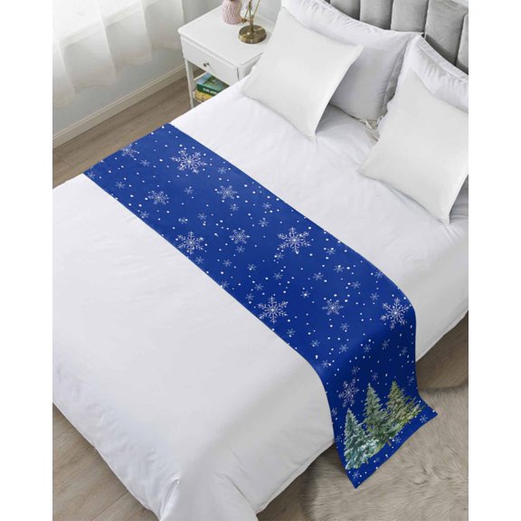 Bed Runner for Twin Size, Blue Christmas Tree Decorative Scarf Throws for Foot of Bed, Xmas Trees Snowflake Winter Luxury Bedding Protector Slipcover Bedrunners for Hotel/Home, 71 x 20 Inch
