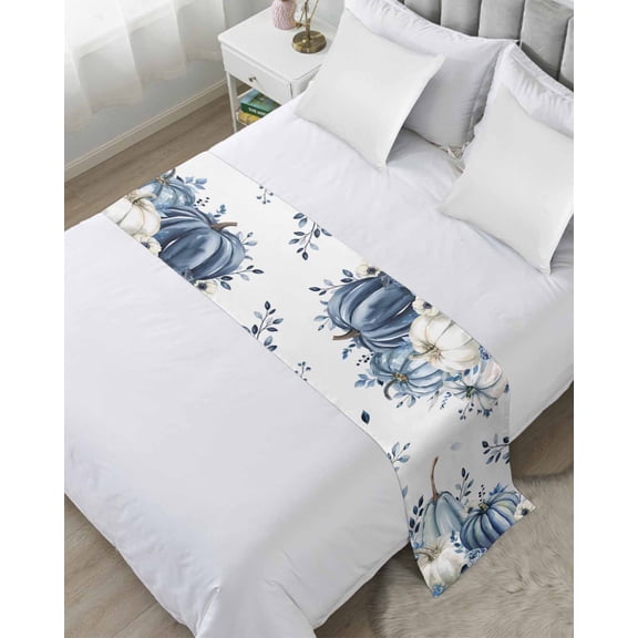 Bed Runner for Twin Size, Blue Fall Decorative Scarf Throws for Foot of Bed, Thanksgiving Pumpkins Weeping Botanical Luxury Bedding Protector Slipcover Bedrunners for Hotel/Home, 71 x 20 Inch