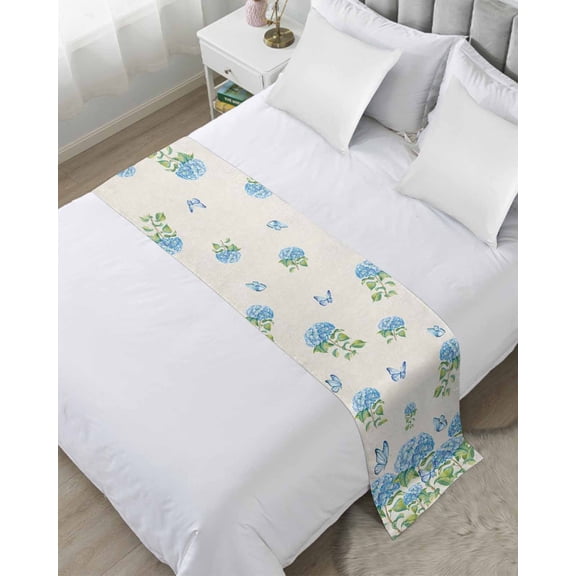 Bed Runner for Twin Size, Blue Floral Decorative Scarf Throws for Foot of Bed, Summer Botanical Hydrangeas Butterfly Luxury Bedding Protector Slipcover Bedrunners for Hotel/Home, 71 x 20 Inch