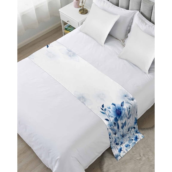 Bed Runner for Twin Size, Blue Ombre Floral Decorative Scarf Throws for Foot of Bed, Spring Elegant Flowers Watercolor Luxury Bedding Protector Slipcover Bedrunners for Hotel/Home, 71 x 20 Inch