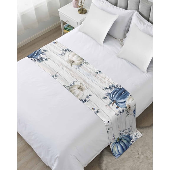 Bed Runner for Twin Size, Blue Pumpkins Fall Decorative Scarf Throws for Foot of Bed, Thanksgiving Eucalyptus Leaves Vintage Luxury Bedding Protector Slipcover Bedrunners for Hotel/Home, 71 x 20 Inch