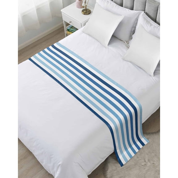 Bed Runner for Twin Size, Blue Stripe Decorative Scarf Throws for Foot of Bed, Ombre Geometric Farmhouse Vertical Striped Luxury Bedding Protector Slipcover Bedrunners for Hotel/Home, 71 x 20 Inch