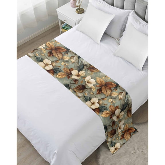 Bed Runner for Twin Size, Boho Vintage Flower Decorative Scarf Throws for Foot of Bed, Farmhouse Botanical Floral Leaf Luxury Bedding Protector Slipcover Bedrunners for Hotel/Home, 71 x 20 Inch