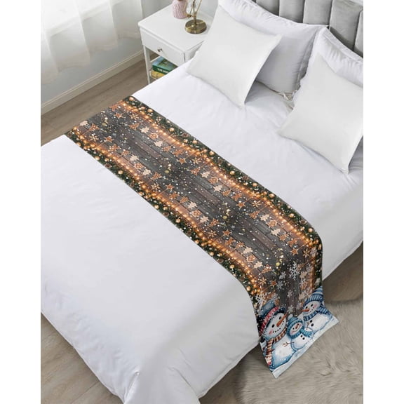 Bed Runner for Twin Size, Brown Snowman Christmas Decorative Scarf Throws for Foot of Bed, Xmas Balls Snowflake Vintage Luxury Bedding Protector Slipcover Bedrunners for Hotel/Home, 71 x 20 Inch