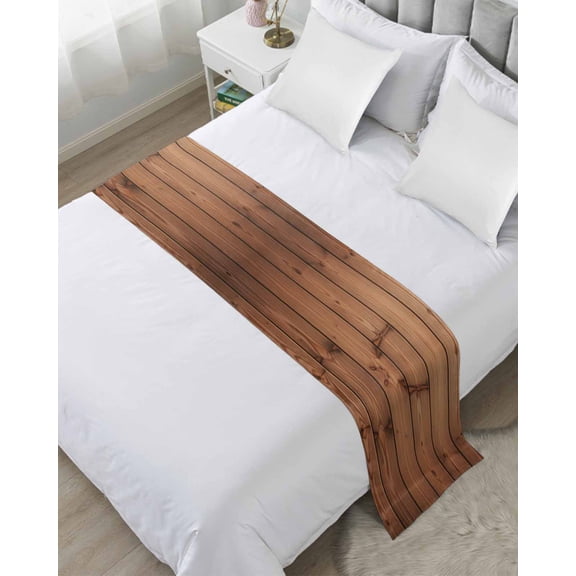Bed Runner for Twin Size, Brown Wooden Grain Decorative Scarf Throws for Foot of Bed, Farmhouse Country Vintage Texture Luxury Bedding Protector Slipcover Bedrunners for Hotel/Home, 71 x 20 Inch