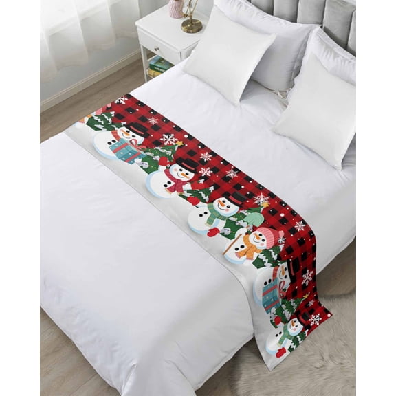 Bed Runner for Twin Size, Buffalo Plaid Christmas Decorative Scarf Throws for Foot of Bed, Red Snowman Xmas Snowflake Luxury Bedding Protector Slipcover Bedrunners for Hotel/Home, 71 x 20 Inch