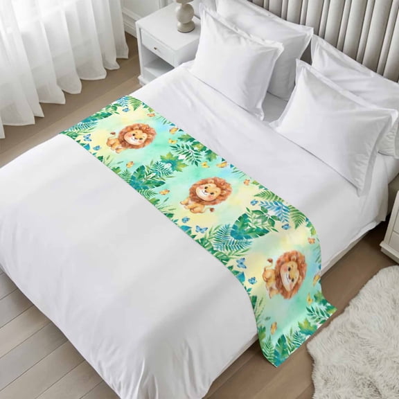 Bed Runner for Twin Size, Cartoon Wolf Decorative Scarf Throws for Foot of Bed, Summer Butterfly Fern Tropical Palm Plants Luxury Bedding Protector Slipcover Bedrunners for Hotel/Home, 71 x 20 Inch