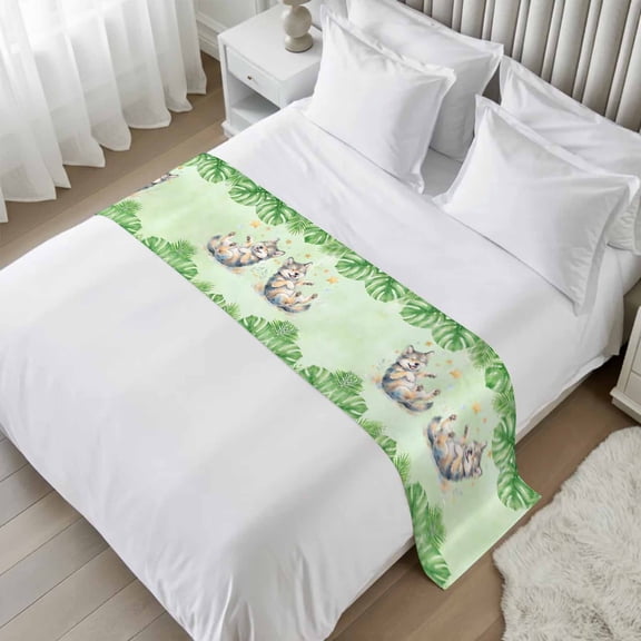 Bed Runner for Twin Size, Cartoon Wolf Decorative Scarf Throws for Foot of Bed, Summer Tropical Palm Green Plants Luxury Bedding Protector Slipcover Bedrunners for Hotel/Home, 71 x 20 Inch