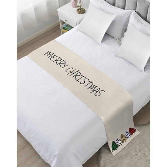 Bed Runner for Twin Size, Christmas Decorative Scarf Throws for Foot of Bed, Cow Leopard Print Red Green Plaid Pine Tree Luxury Bedding Protector Slipcover Bedrunners for Hotel/Home, 71 x 20 Inch