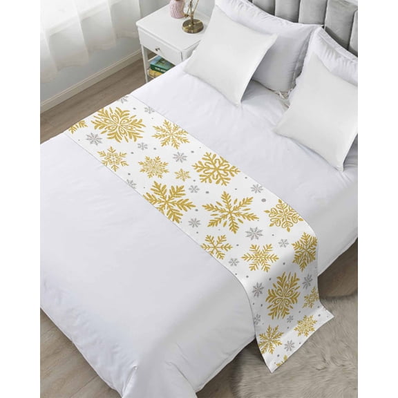Bed Runner for Twin Size, Christmas Decorative Scarf Throws for Foot of Bed, Winter Xmas Yellow Snowflakes Textured Luxury Bedding Protector Slipcover Bedrunners for Hotel/Home, 71 x 20 Inch