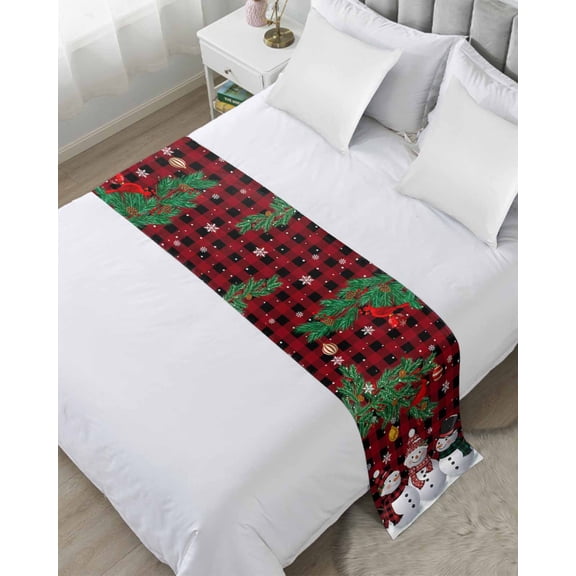 Bed Runner for Twin Size, Christmas Snowman Decorative Scarf Throws for Foot of Bed, Buffalo Plaid Xmas Pine Branch Snowflake Luxury Bedding Protector Slipcover Bedrunners for Hotel, 71 x 20 Inch