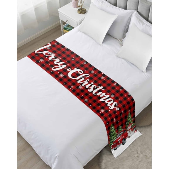 Bed Runner for Twin Size, Christmas Snowman Truck Decorative Scarf Throws for Foot of Bed, Red Plaid Xmas Trees Snowflake Luxury Bedding Protector Slipcover Bedrunners for Hotel/Home, 71 x 20 Inch