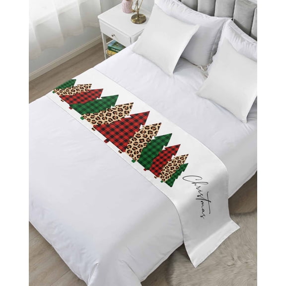 Bed Runner for Twin Size, Christmas Trees Decorative Scarf Throws for Foot of Bed, Xmas Winter Leopard Printed Plaid Pine Luxury Bedding Protector Slipcover Bedrunners for Hotel/Home, 71 x 20 Inch