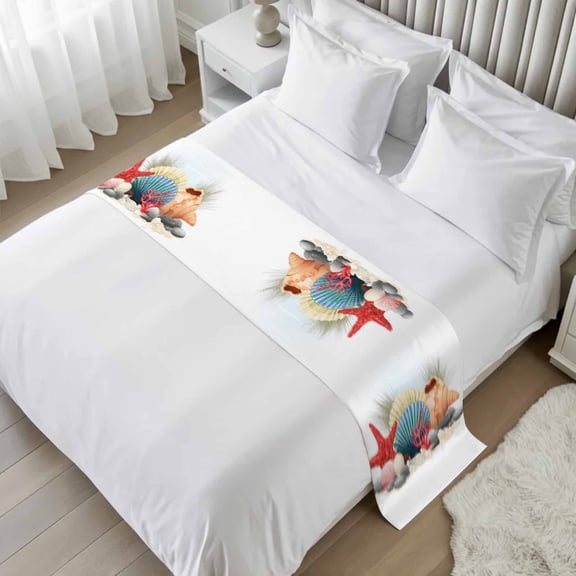 Bed Runner for Twin Size, Coastal Shell Decorative Scarf Throws for Foot of Bed, Summer Beach Conch Coral Starfish Luxury Bedding Protector Slipcover Bedrunners for Hotel/Home, 71 x 20 Inch
