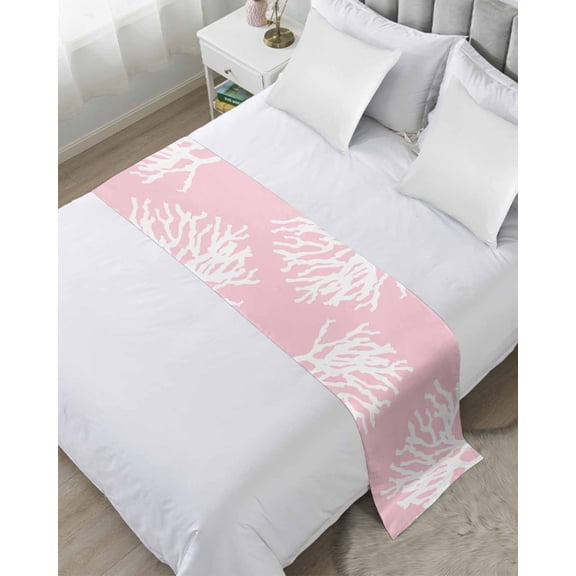 Bed Runner for Twin Size, Coral Pink Decorative Scarf Throws for Foot of Bed, Coastal White Ocean Marine Nautical Beach Luxury Bedding Protector Slipcover Bedrunners for Hotel/Home, 71 x 20 Inch
