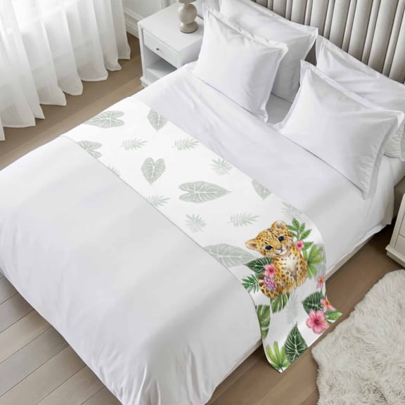Bed Runner for Twin Size, Cute Leopard Decorative Scarf Throws for Foot of Bed, Summer Tropical Animals Monstera Deliciosa Luxury Bedding Protector Slipcover Bedrunners for Hotel/Home, 71 x 20 Inch