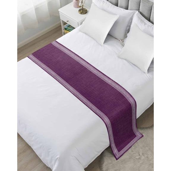 Bed Runner for Twin Size, Dark Purple Retro Greek Key Decorative Scarf Throws for Foot of Bed, Geometric Greece Ancient Farmhouse Luxury Bedding Protector Slipcover Bedrunners for Hotel, 71 x 20 Inch