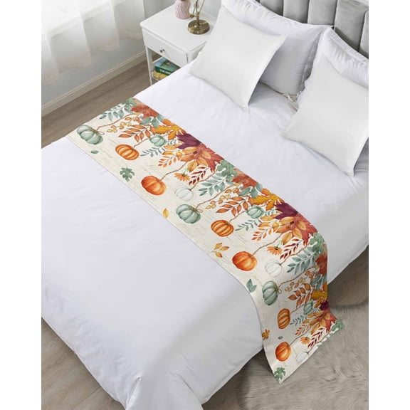 Bed Runner for Twin Size, Fall Orange Green Pumpkins Decorative Scarf Throws for Foot of Bed, Retro Thanksgiving Maple Leaf Luxury Bedding Protector Slipcover Bedrunners for Hotel/Home, 71 x 20 Inch