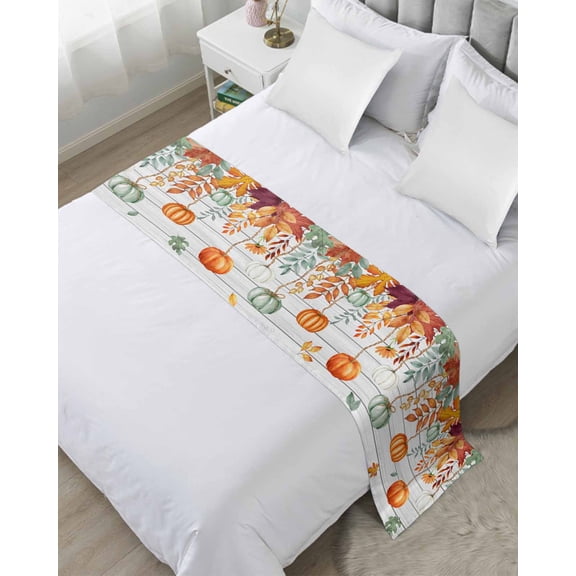 Bed Runner for Twin Size, Fall Orange Green Pumpkins Decorative Scarf Throws for Foot of Bed, Thanksgiving Maple Leaf Vintage Luxury Bedding Protector Slipcover Bedrunners for Hotel, 71 x 20 Inch