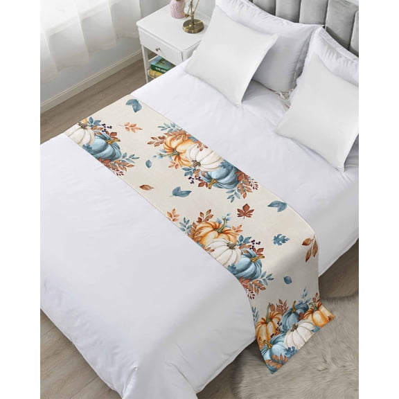 Bed Runner for Twin Size, Fall Pumpkins Orange Blue Decorative Scarf Throws for Foot of Bed, Thanksgiving Botanical Rustic Luxury Bedding Protector Slipcover Bedrunners for Hotel/Home, 71 x 20 Inch