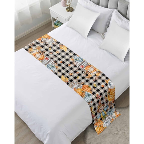 Bed Runner for Twin Size, Fall Straw Man Decorative Scarf Throws for Foot of Bed, Thanksgiving Pumpkin Leaves Farmhouse Plaid Luxury Bedding Protector Slipcover Bedrunners for Hotel, 71 x 20 Inch