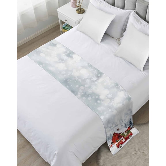 Bed Runner for Twin Size, Farm Christmas Decorative Scarf Throws for Foot of Bed, Xmas Tree Truck Animals Snowman Snowflakes Luxury Bedding Protector Slipcover Bedrunners for Hotel/Home, 71 x 20 Inch
