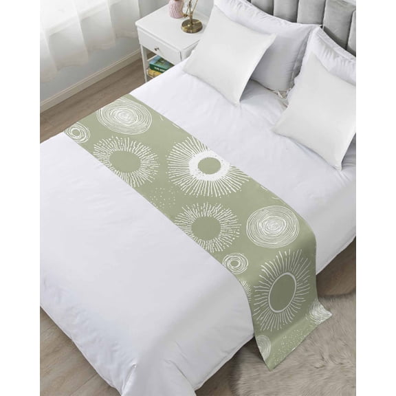 Bed Runner for Twin Size, Geometric Decorative Scarf Throws for Foot of Bed, Abstract Sage Green White Boho Circle Dot Luxury Bedding Protector Slipcover Bedrunners for Hotel/Home, 71 x 20 Inch