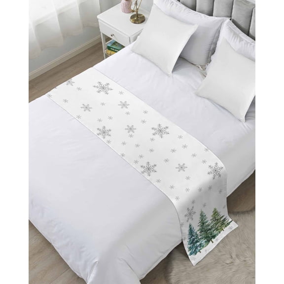 Bed Runner for Twin Size, Green Christmas Tree Decorative Scarf Throws for Foot of Bed, Xmas Tree Grey Snowflake Luxury Bedding Protector Slipcover Bedrunners for Hotel/Home, 71 x 20 Inch