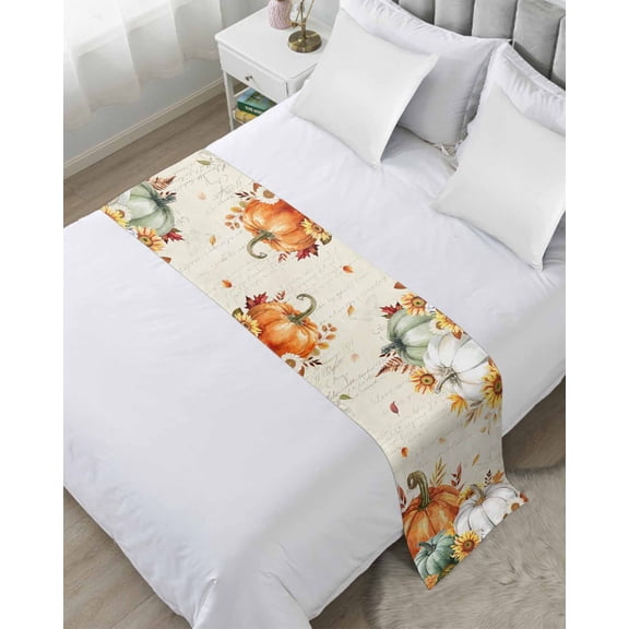 Bed Runner for Twin Size, Green Orange Fall Decorative Scarf Throws for Foot of Bed, Pumpkins Botanical Thanksgiving Retro Luxury Bedding Protector Slipcover Bedrunners for Hotel/Home, 71 x 20 Inch