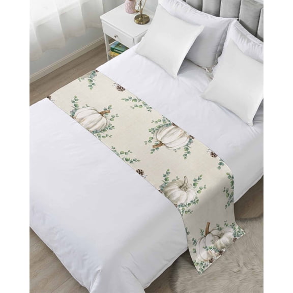 Bed Runner for Twin Size, Grey Pumpkins Fall Decorative Scarf Throws for Foot of Bed, Thanksgiving Eucalyptus Rustic Luxury Bedding Protector Slipcover Bedrunners for Hotel/Home, 71 x 20 Inch