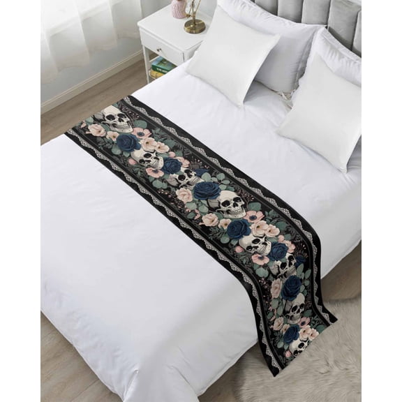 Bed Runner for Twin Size, Halloween Decorative Scarf Throws for Foot of Bed, Boho Horror Skull Flower Leaf Black Luxury Bedding Protector Slipcover Bedrunners for Hotel/Home, 71 x 20 Inch