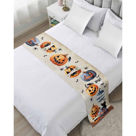 Bed Runner for Twin Size, Halloween Decorative Scarf Throws for Foot of Bed, Skeleton Pumpkin Trick Or Treat Bat Skull Luxury Bedding Protector Slipcover Bedrunners for Hotel/Home, 71 x 20 Inch
