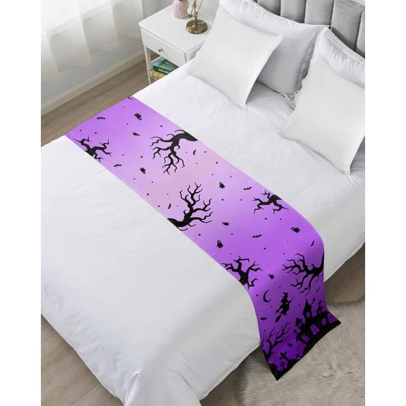 Bed Runner for Twin Size, Halloween Purple Decorative Scarf Throws for Foot of Bed, Castle Ghost Bat Moon Witch Gradient Luxury Bedding Protector Slipcover Bedrunners for Hotel/Home, 71 x 20 Inch
