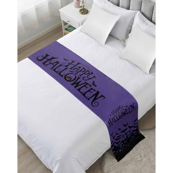 Bed Runner for Twin Size, Happy Halloween Decorative Scarf Throws for Foot of Bed, Vintage Purple Pumpkin Bat Luxury Bedding Protector Slipcover Bedrunners for Hotel/Home, 71 x 20 Inch