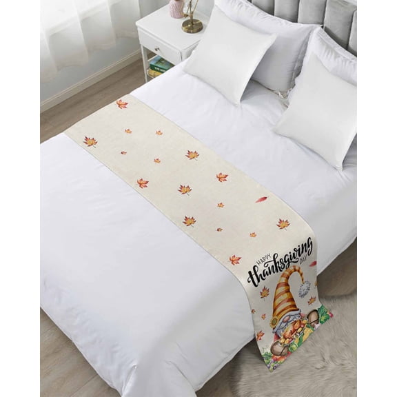 Bed Runner for Twin Size, Hello Fall Decorative Scarf Throws for Foot of Bed, Thanksgiving Gnomes Botanical Turkey Luxury Bedding Protector Slipcover Bedrunners for Hotel/Home, 71 x 20 Inch