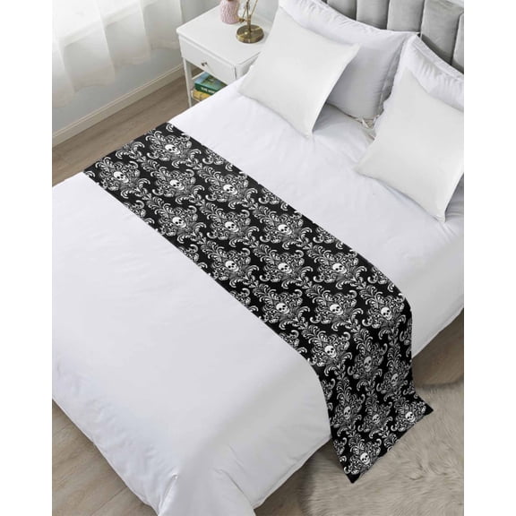 Bed Runner for Twin Size, Horrible Skull Decorative Scarf Throws for Foot of Bed, Halloween Black Flowers Skeleton Luxury Bedding Protector Slipcover Bedrunners for Hotel/Home, 71 x 20 Inch